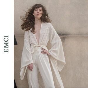 EMCI Ivory Maxi Duster with Bell Sleeves | Textured Resortwear | One Size
